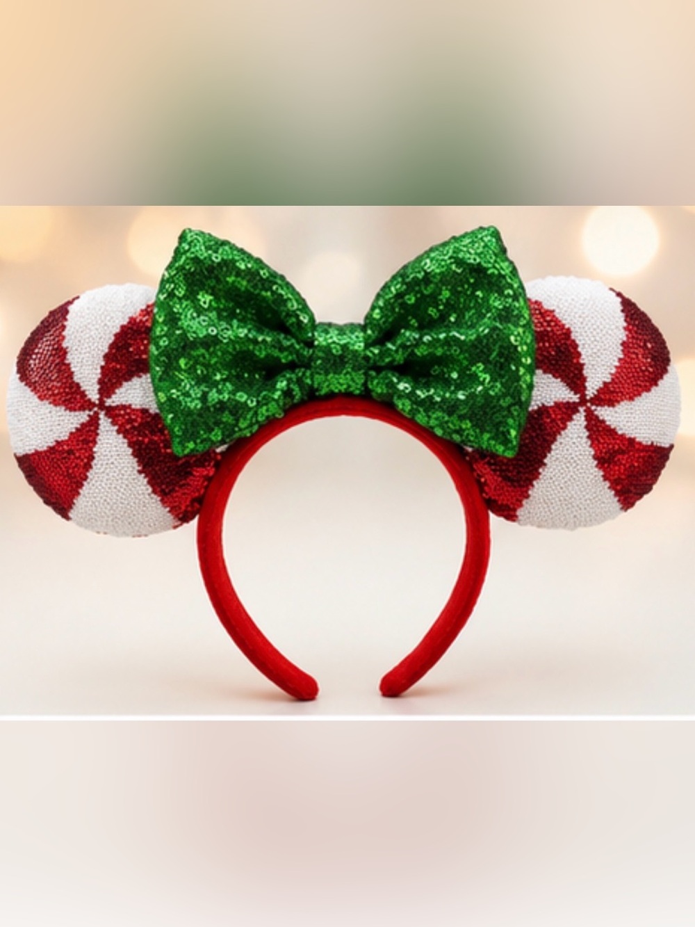 Disney Red Sequin Ears Headband with Green Bow and White & Red Peppermint Ears